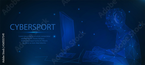 Esports in polygonal style, vector template. Turinir, Esports, print design, cybersportsman on a blue background. Professional 3d mesh art gamer with connected dots. Video game and cybersport design.