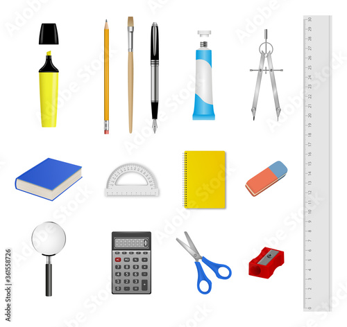 School stationery set.  Collection of realistic  school and office supplies 