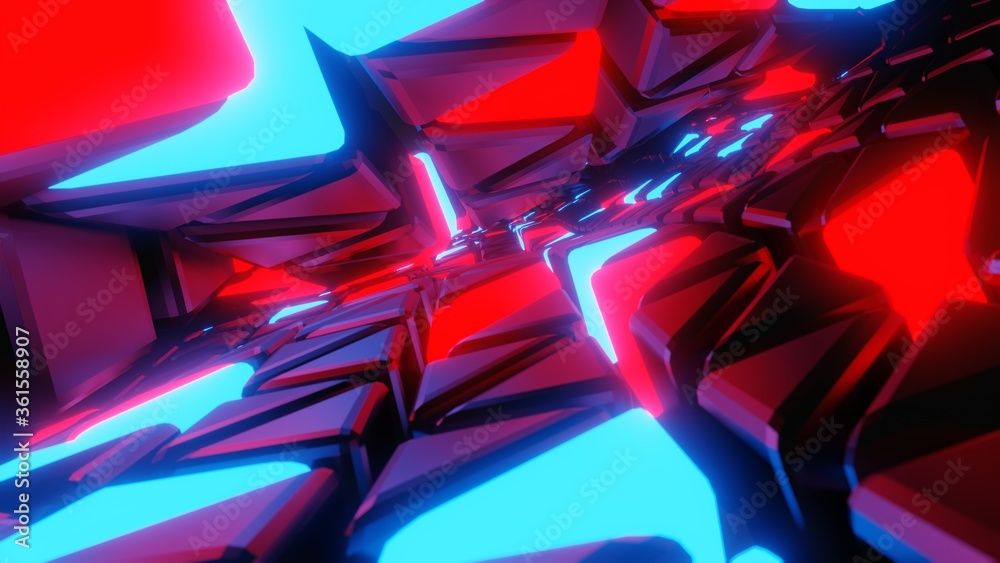 Abstract 3d illustration of red and blue cubes background. mosaic shiny texture and neon lights. Tech and digital backdrop.3d illustration Abstract 3d illustration of red and blue cubes background. mosaic shiny texture and neon lights. Tech and digital backdrop.3d illustration