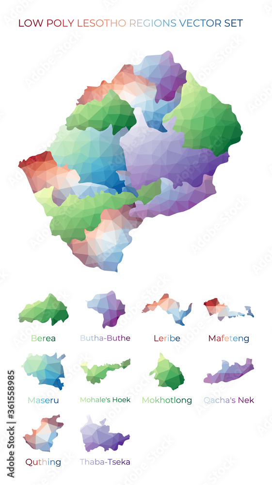 Mosotho low poly regions. Polygonal map of Lesotho with regions. Geometric maps for your design. Creative vector illustration.
