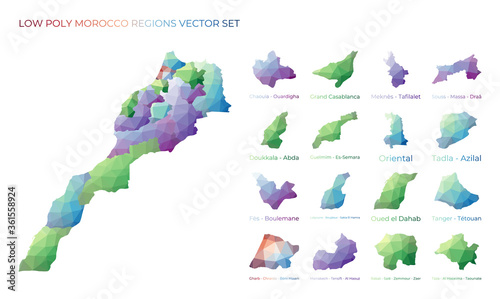 Moroccan low poly regions. Polygonal map of Morocco with regions. Geometric maps for your design. Powerful vector illustration.