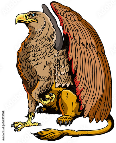 Griffin, griffon, or gryphon. A mythical beast having the body of a lion and the wings and head of an eagle. Sitting pose, side view. Vector illustration
