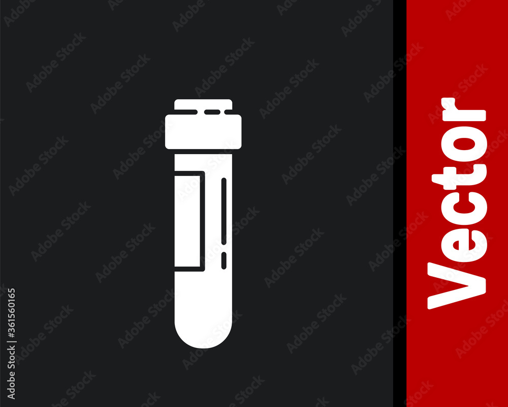 White Test tube or flask with blood icon isolated on black background. Laboratory, chemical, scientific glassware sign. Vector Illustration. White Test tube or flask with blood icon isolated on black background. Laboratory, chemical, scientific glassware sign. Vector Illustration.