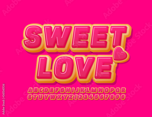 Vector bright card Sweet Love with cake Heart. Pink Donut Font. Tasty Alphabet Letters and Numbers