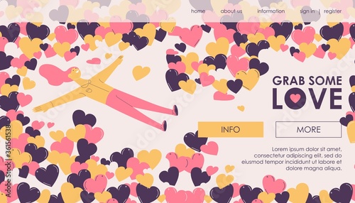 Vector concept landing page with woman laying in hearts or likes. Banner for social media smm and promotion