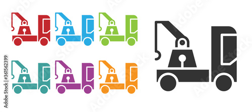 Black Tow truck icon isolated on white background. Set icons colorful. Vector Illustration.