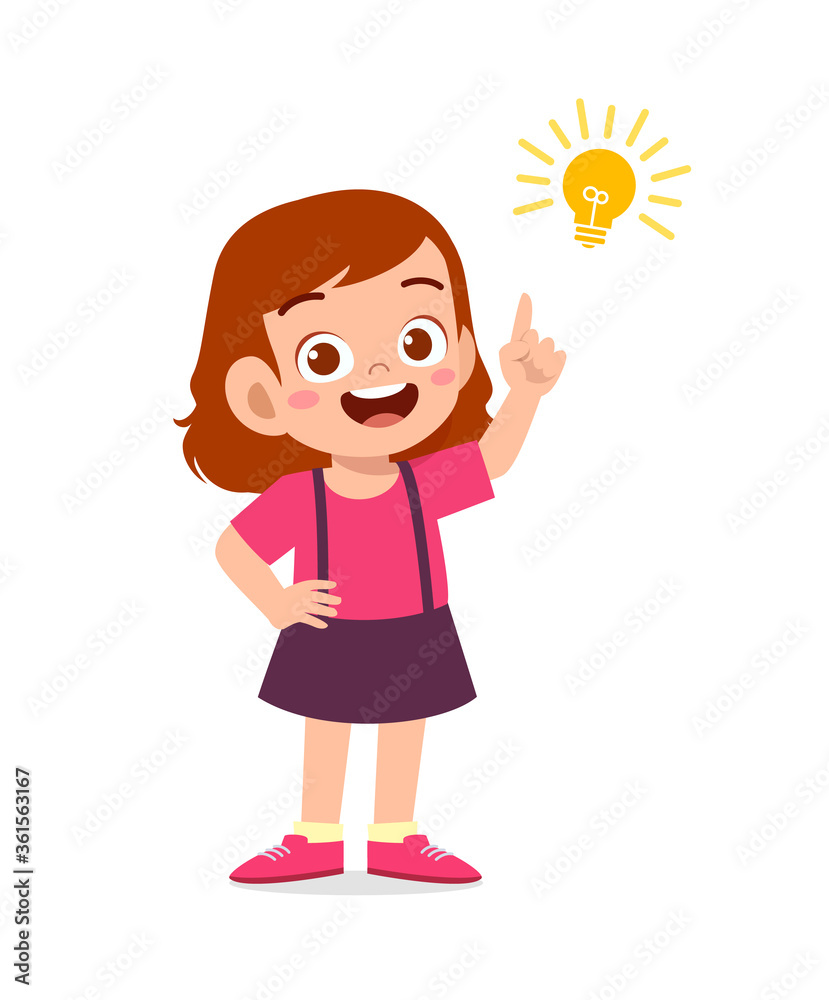 happy cute little kid girl with idea lamp sign