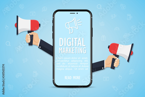 Digital marketing concept. Smartphone with hands holding a megaphone
