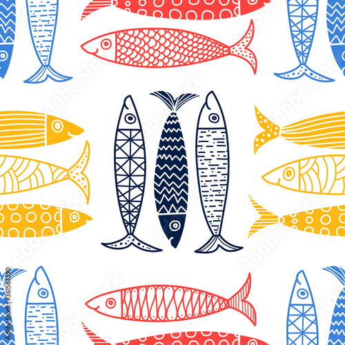 Cute fish.  Kids line background. Seamless pattern. Can be used in textile industry, paper, background, scrapbooking.