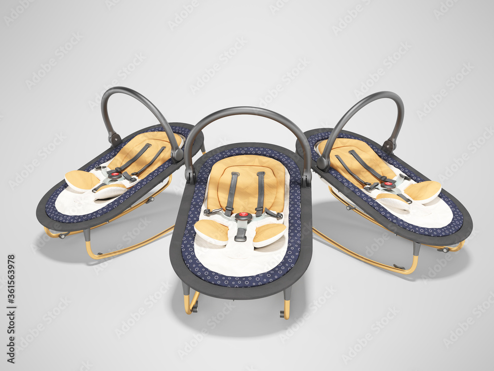 3d rendering group of portable cots for baby gray background with shadow