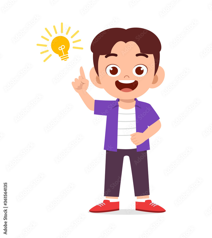 happy cute little kid boy with idea lamp sign happy cute little kid boy with idea lamp sign