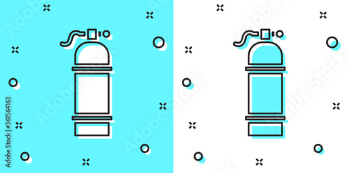 Black line Aqualung icon isolated on green and white background. Oxygen tank for diver. Diving equipment. Extreme sport. Sport equipment. Random dynamic shapes. Vector Illustration.