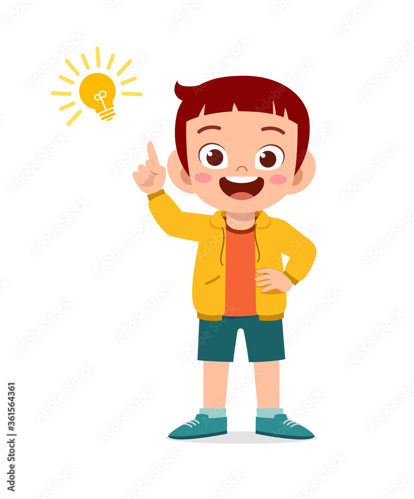 happy cute little kid boy with idea lamp sign