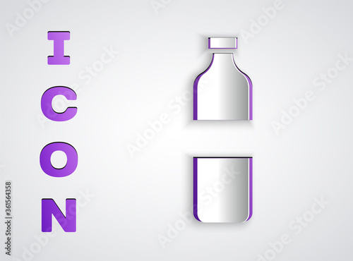 Paper cut Bottle of water icon isolated on grey background. Soda aqua drink sign. Paper art style. Vector Illustration.