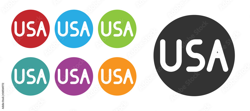 Black USA label icon isolated on white background. United States of America. Set icons colorful. Vector Illustration. Black USA label icon isolated on white background. United States of America. Set icons colorful. Vector Illustration.