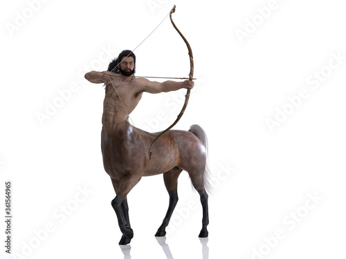 Foto 3D Rendering : A portrait of the male centaur, a pinup centaur posing with a bow