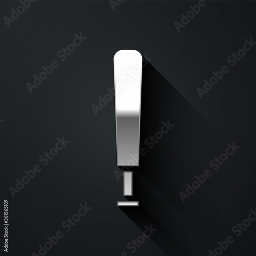 Silver Baseball bat icon isolated on black background. Sport equipment. Long shadow style. Vector Illustration.