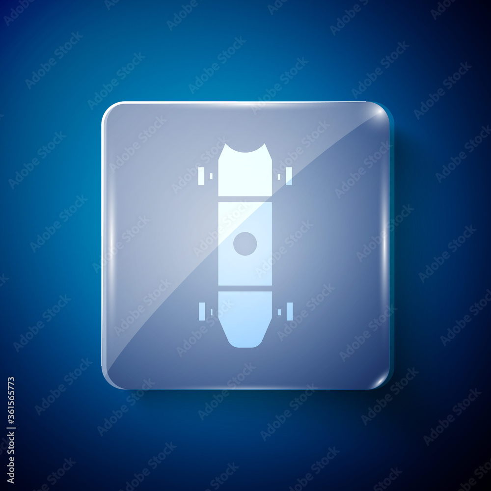 White Longboard or skateboard cruiser icon isolated on blue background. Extreme sport. Sport equipment. Square glass panels. Vector Illustration. White Longboard or skateboard cruiser icon isolated on blue background. Extreme sport. Sport equipment. Square glass panels. Vector Illustration.