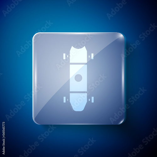 White Longboard or skateboard cruiser icon isolated on blue background. Extreme sport. Sport equipment. Square glass panels. Vector Illustration.