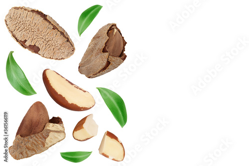 Brasil nuts isolated on white background . Top view with copy space for your text. Flat lay