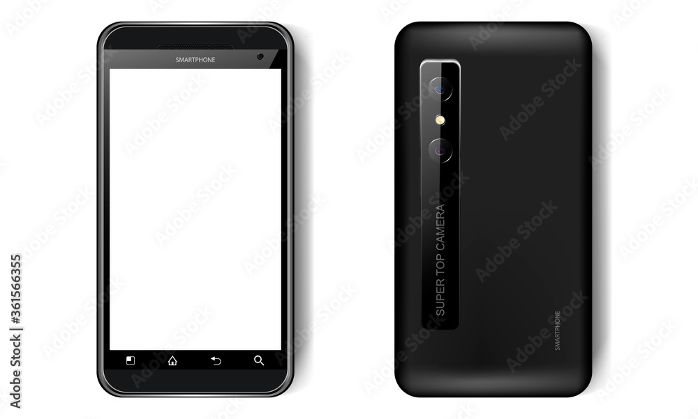 Black realistic smartphone, front and back view on isolated white background, mobile phone mockup with blank screen for your design, vector illustration Black realistic smartphone, front and back view on isolated white background, mobile phone mockup with blank screen for your design, vector illustration