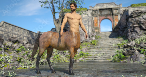 3D Rendering : A portrait of the male centaur, a pinup centaur posing in the forest photo