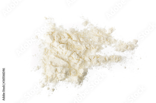Pile of flour isolated on white background. Top view. Flat lay