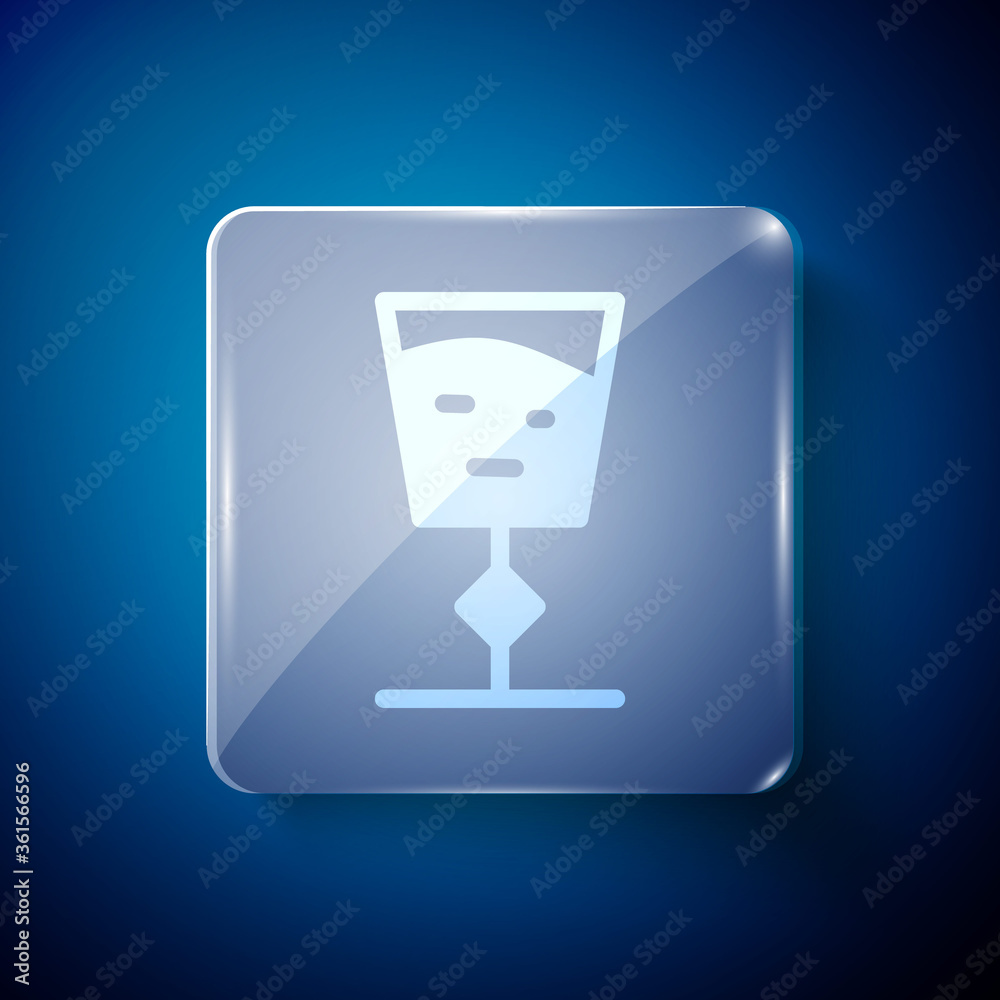 White Wine glass icon isolated on blue background. Wineglass sign. Square glass panels. Vector Illustration.