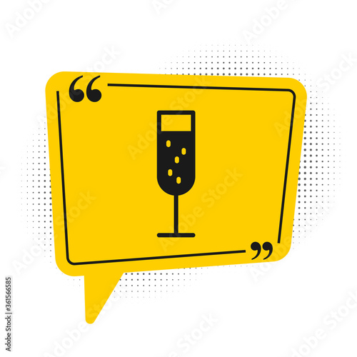 Black Glass of champagne icon isolated on white background. Yellow speech bubble symbol. Vector Illustration.