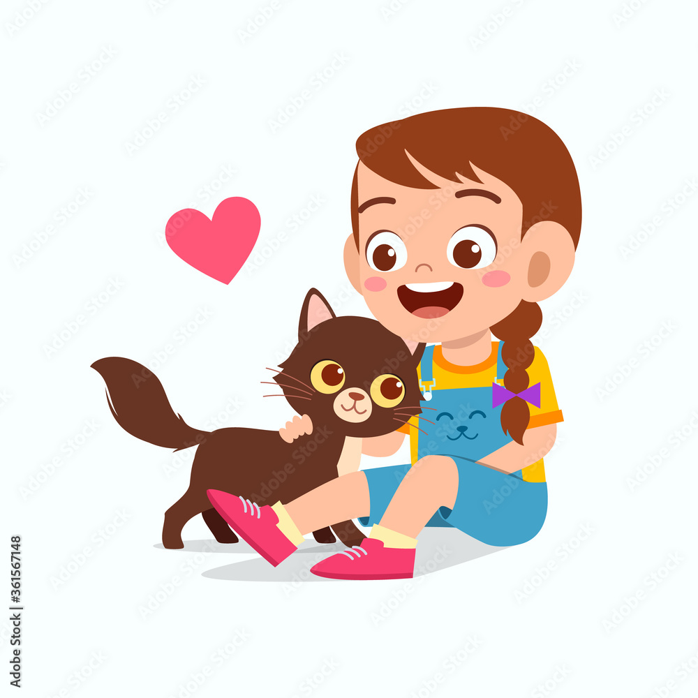 happy cute little kid girl play with pet cat