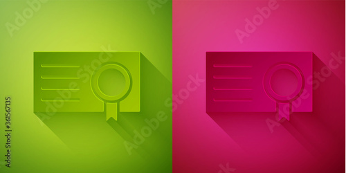 Paper cut Certificate template icon isolated on green and pink background. Achievement, award, degree, grant, diploma concepts. Paper art style. Vector Illustration.
