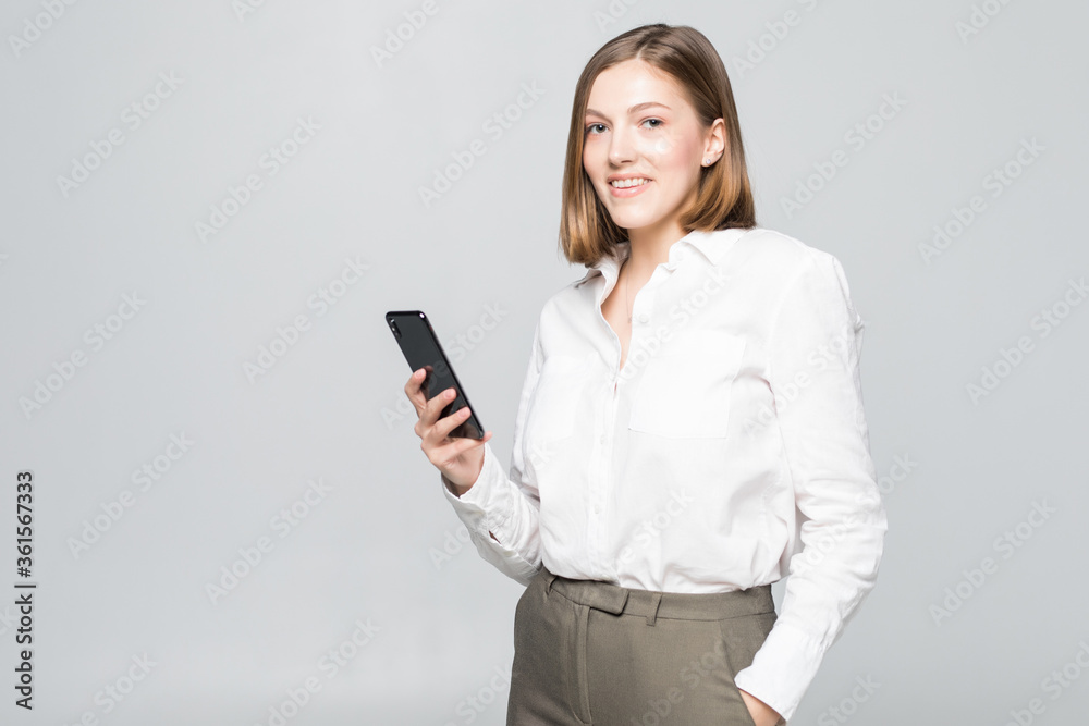 Portrait of smiling business woman phone talking isolated on white background Portrait of smiling business woman phone talking isolated on white background