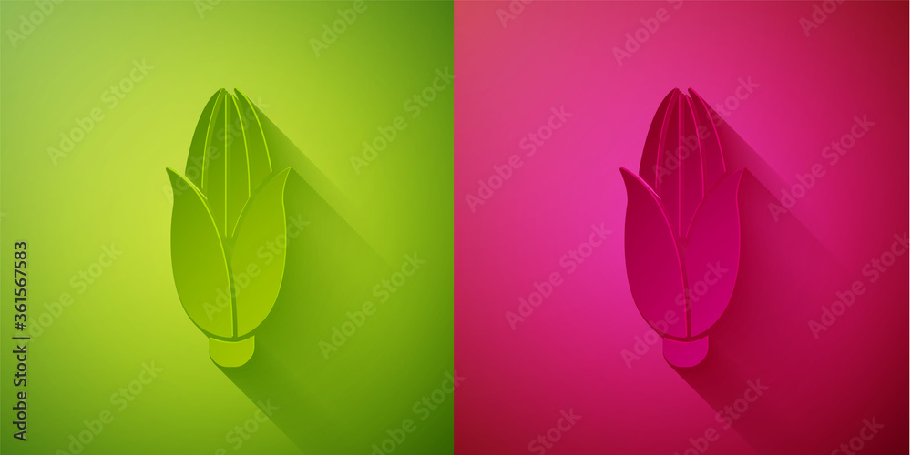 Paper cut Corn icon isolated on green and pink background. Paper art style. Vector Illustration.