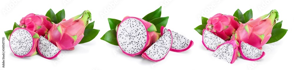 Ripe Dragon fruit, Pitaya or Pitahaya isolated on white background, fruit healthy concept. Set or collection Ripe Dragon fruit, Pitaya or Pitahaya isolated on white background, fruit healthy concept. Set or collection
