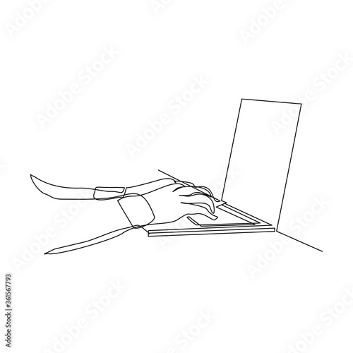 Continuous line drawing of hand fingers typing on laptop for business office work or social media concept. Vector illustration