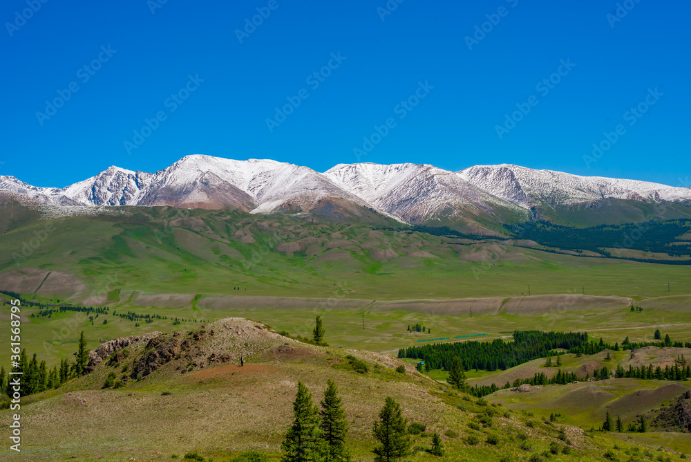 Mountain range with melting snow. View from the valley
