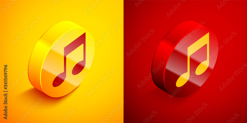 Isometric Music note, tone icon isolated on orange and red background. Circle button. Vector Illustration. Isometric Music note, tone icon isolated on orange and red background. Circle button. Vector Illustration.