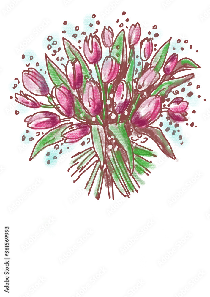 A large round bouquet of pink tulips drawn with a brown felt-tip pen. The image for the sticker, postcard, price tag.