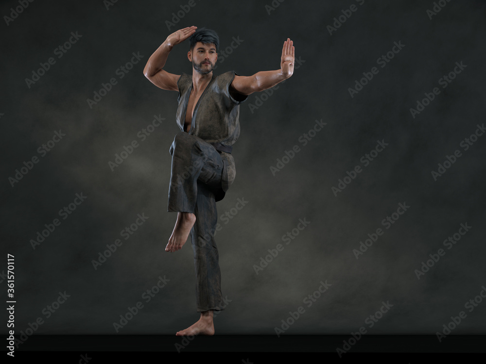 3d Render: a man pose an action with China martial Arts Styles, Kung Fu