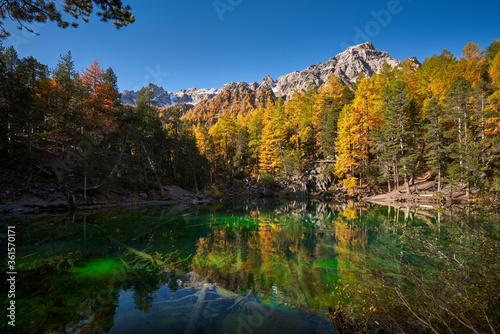 Green Lake (Lac Vert) in the Narrow Valley (Vallee Etroite) in Autumn. The intense green color is due to the presence of algaes. European Alps