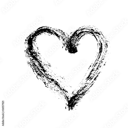 Нand drawn black heart silhouette with grunge brush and pencil (chalk or charcoal) texture. Vector illustration made by tracing. White background.