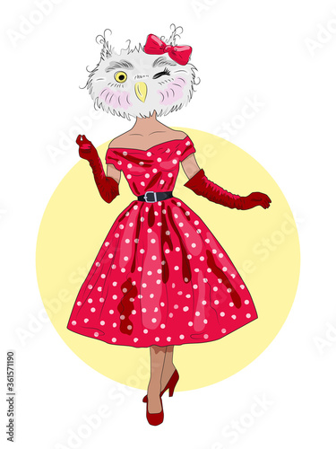cute owl hipster girl, furry art illustration, fashion animals