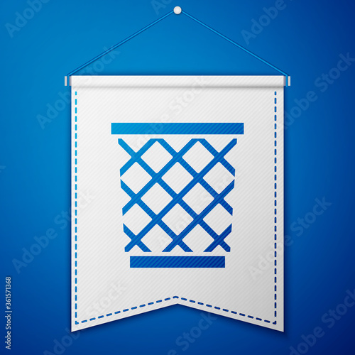 Blue Trash can icon isolated on blue background. Garbage bin sign. Recycle basket icon. Office trash icon. White pennant template. Vector Illustration.