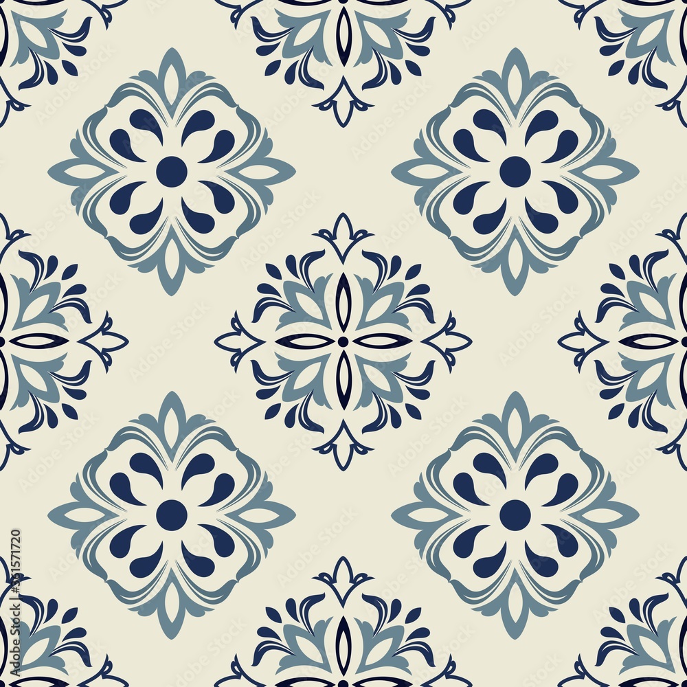 Seamless Damask pattern. Majolica pottery tile azulejo, original traditional Portuguese and Spain decor. Seamless pattern with Victorian motives. Vector illustration. Seamless Damask pattern. Majolica pottery tile azulejo, original traditional Portuguese and Spain decor. Seamless pattern with Victorian motives. Vector illustration.