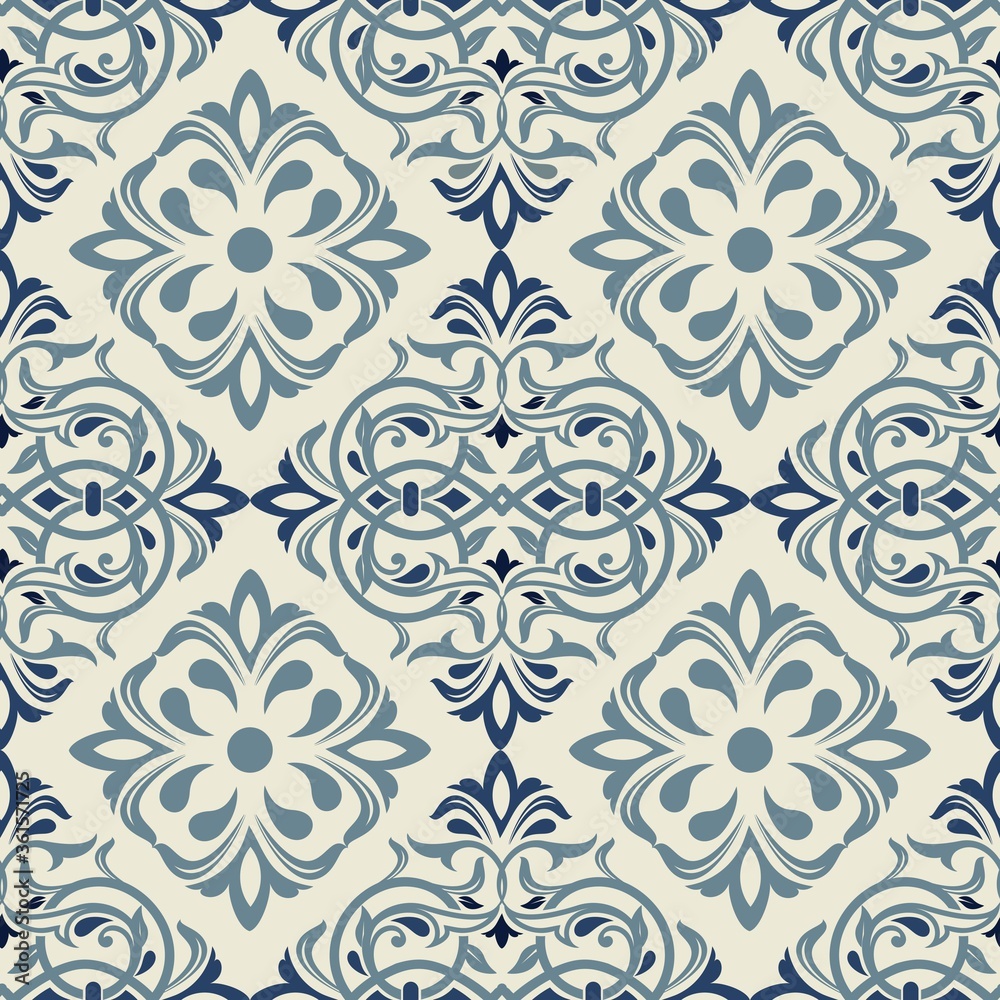 Seamless Damask pattern. Majolica pottery tile azulejo, original traditional Portuguese and Spain decor. Seamless pattern with Victorian motives. Vector illustration. Seamless Damask pattern. Majolica pottery tile azulejo, original traditional Portuguese and Spain decor. Seamless pattern with Victorian motives. Vector illustration.
