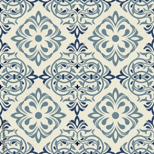 Seamless Damask pattern. Majolica pottery tile azulejo, original traditional Portuguese and Spain decor. Seamless pattern with Victorian motives. Vector illustration.