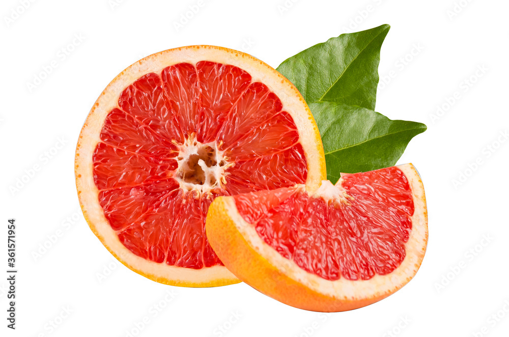 Composition of sliced grapefruit slices with green leaves isolated on white background. Citrus, red, orange, sour, juicy. Close-up details. Composition of sliced grapefruit slices with green leaves isolated on white background. Citrus, red, orange, sour, juicy. Close-up details.