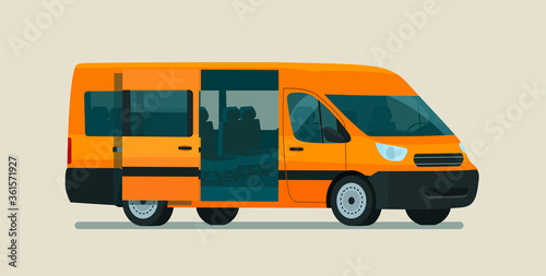 Passenger van car with open door isolated. Vector flat style illustration.