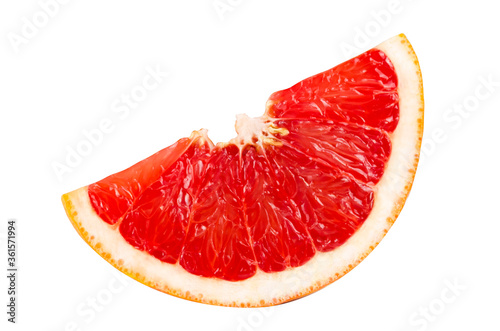 Sliced grapefruit slice isolated on white background. Half circle. Citrus, red, orange, sour, juicy. Details closeup.
