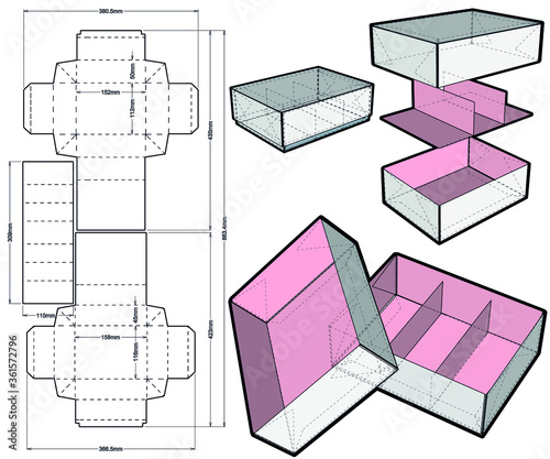 Folding Box Self Asembly With Divider and Die-cut Pattern.  The .eps file is full scale and fully functional. Prepared for real cardboard production. photo